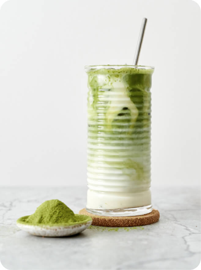 3 images of matcha flavoured foods: matcha latte, matcha soft-serve ice cream, matcha chocolate.