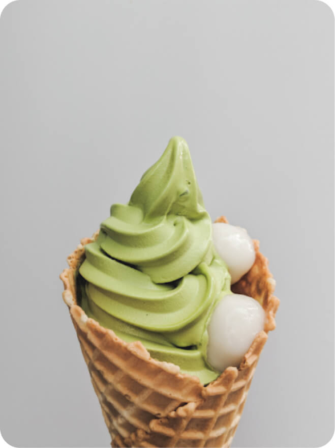 3 images of matcha flavoured foods: matcha latte, matcha soft-serve ice cream, matcha chocolate.