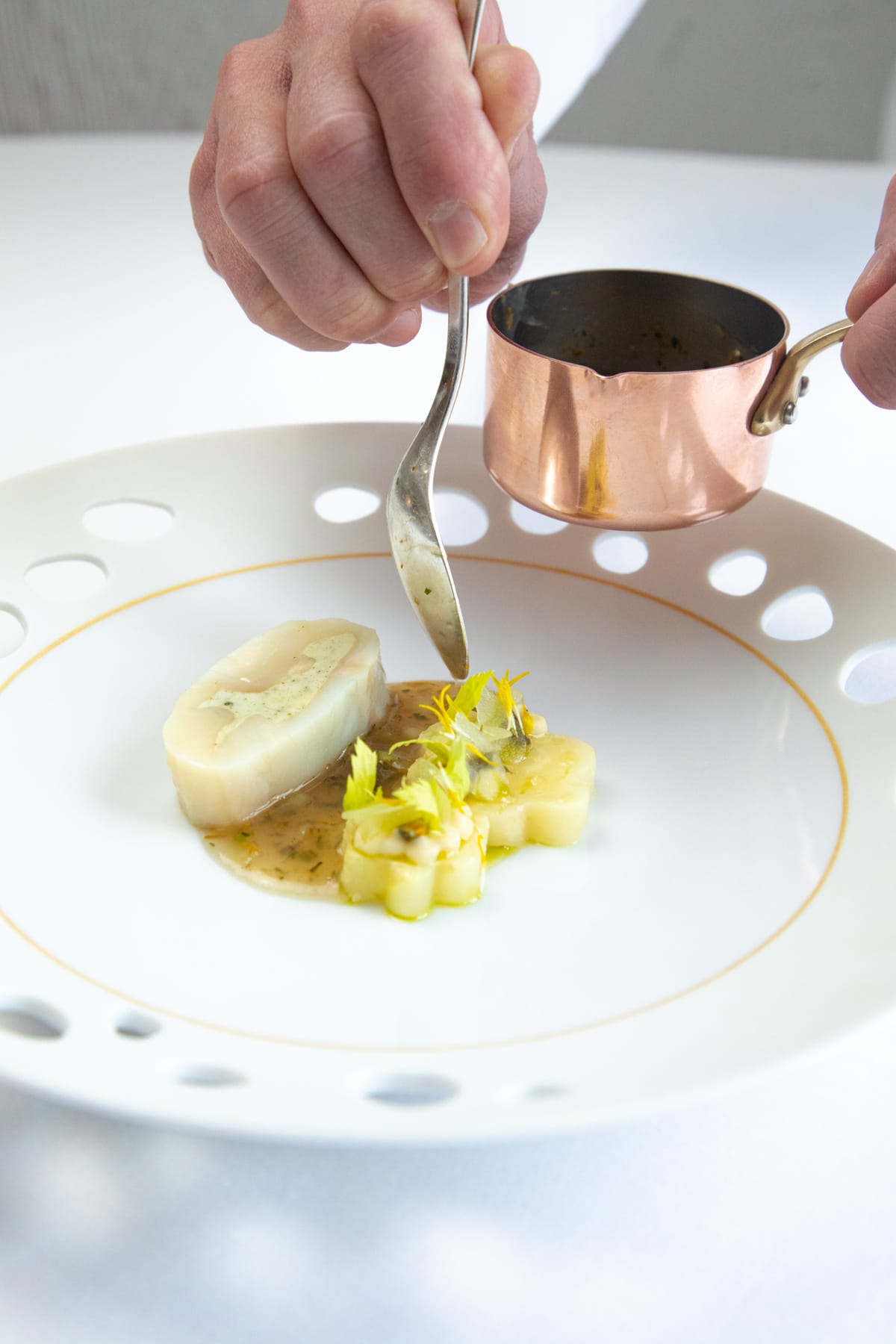 BROCHET TRÈS FONDANT variétés de céleri, vin de pissenlit, jus végétal